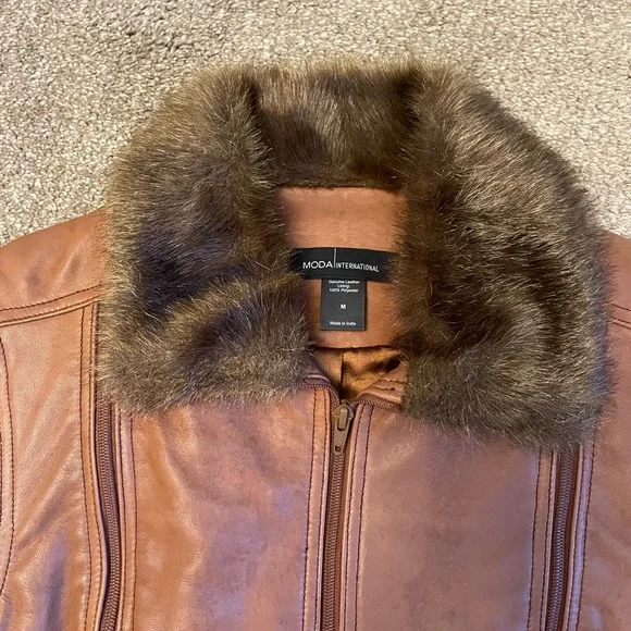 VTG Moda International Brown Leather Vest with Faux Fur Size M Aviator Bomber - Picture 3 of 13